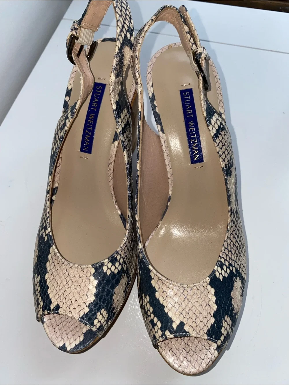 NEW Stuart Weitzman Snakeskin Cork Wedge Platform Sling backs, Size 5.5